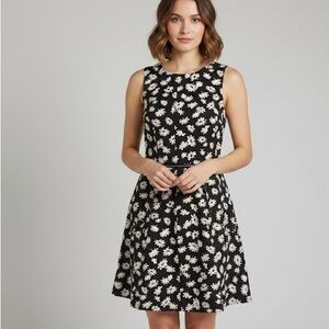 Ann Taylor Petite Floral Dress 12P Black Ivory Sleeveless Lined Zip Back